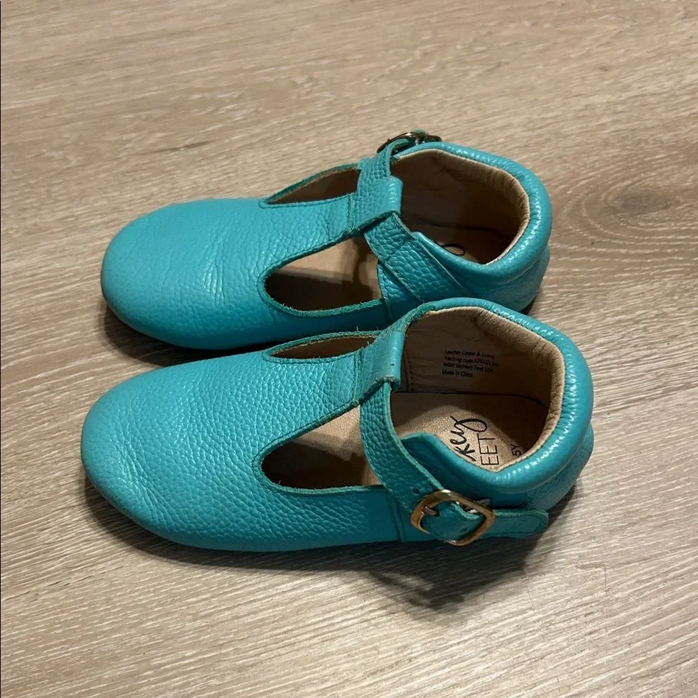 Monkey Feet Teal T Strap Mary Jane Leather Sandals 4-5Y